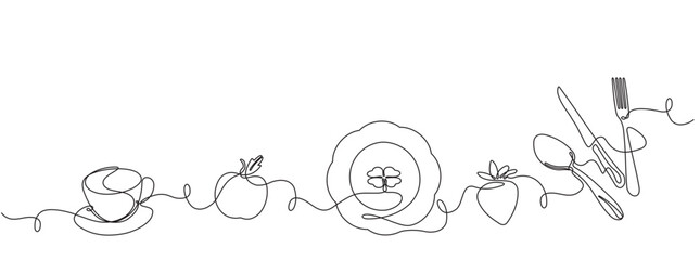 Cooking horizontal pattern.Background with breakfast food and utensils. Continuous drawing style. Vector illustration