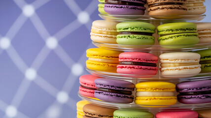 Colorful macarons stacked in a tiered display.
