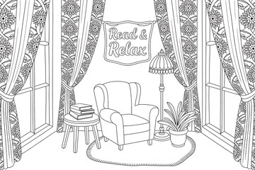 Cozy reading nook with armchair, books, and plants.
