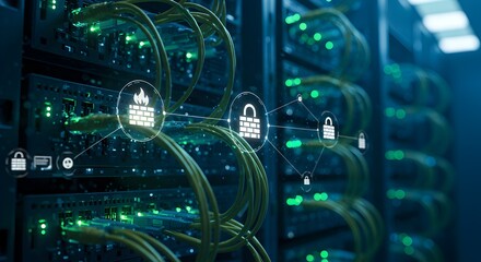 Modern Data Center Server Room with Security and Firewall Icons Illustration