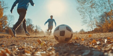 Children playing soccer in the autumn