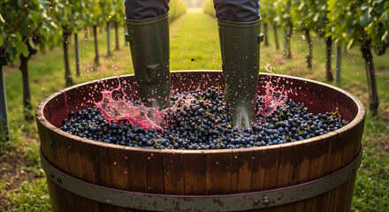 Grapes being stomped in wooden barrel at vineyard
