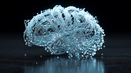 A wireframe brain model in light blue, constructed from thin glowing lines with a glass-like transparency. stock image