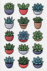 Succulents in various pots, pixel art style.
