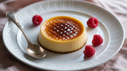 Caramelized custard tart, topped with raspberries.
