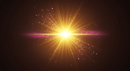 Radiant Lens Flare with Golden Rays and Sparkling Particles on Dark Background