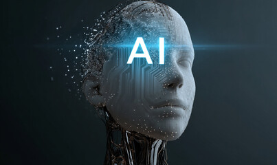 A glowing blue light shines on the side of an illustration of a human head with circuit board patterns inside, symbolizing artificial intelligence. The "AI" logo is visible in brain
