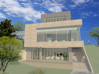 modern building in the park, 3d architectural rendering of a modern cafe building in the hill