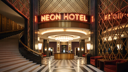 Grand hotel lobby, neon sign, Art Deco style.
