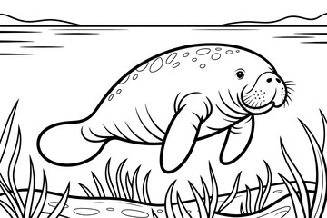 Manatee swimming in shallow water, peaceful sea creature.
