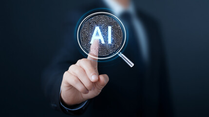 ''AI'' text and magnifying glass icon Hologram On A businessman Hand.