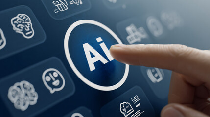 Close-up of a hand about to press an AI button on a digital screen