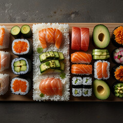 Close-Up of Colorful Assorted Sushi Rolls Under Studio Lighting