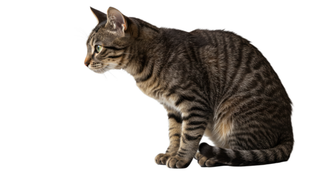Tabby Cat Sitting Profile Isolated White Background.