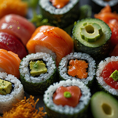 Studio Shot of Fresh Assorted Sushi Rolls Close-Up