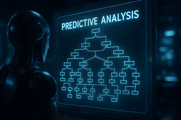 A futuristic AI observes a glowing digital screen displaying a complex predictive analysis flowchart.