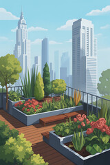 Urban rooftop garden, lush greenery, city view.
