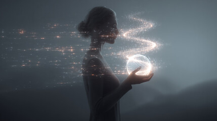A young woman holding a glowing sphere containing a luminous sales funnel structure, surrounded by floating digital symbols and soft light trails, abstract space, spiritual tech aesthetic