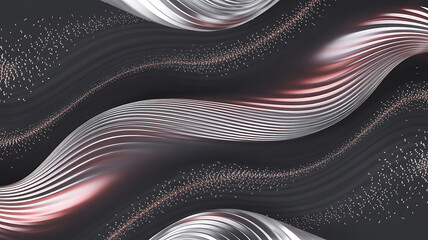 Abstract design, flowing metallic waves in silver and rose gold.
