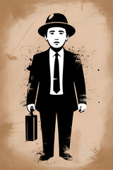 Businessman in suit and hat, holding briefcase.
