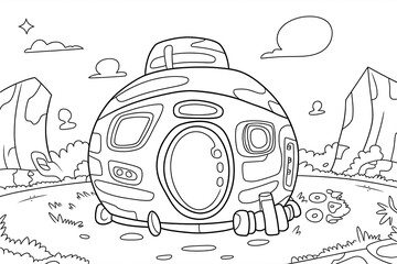 Round spaceship rests in a landscape.
