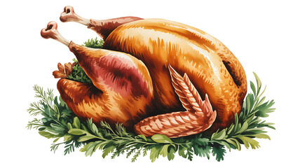 Roasted turkey, surrounded by herbs.
