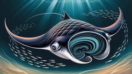 Majestic manta ray, surrounded by fish, in underwater scene.
