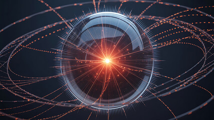 Abstract sphere, radiating light, surrounded by swirling lines.
