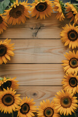Sunflowers in a circle frame on wooden planks.
