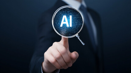 ''AI'' text and magnifying glass icon Hologram On A businessman Hand.