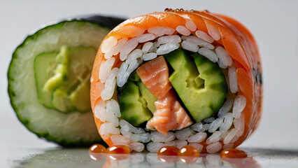 Single Salmon Sushi Roll Isolated on White