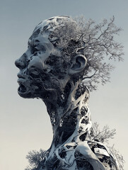 Human face made of electric wires and circuits, depicting Artificially intelligent robots, Augmented reality 