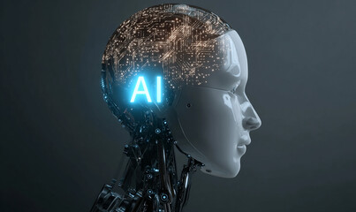 A glowing blue light shines on the side of an illustration of a human head with circuit board patterns inside, symbolizing artificial intelligence. The "AI" logo is visible in brain