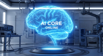 A luminous holographic AI brain with 'AI CORE ONLINE' text dominates a futuristic data lab, symbolizing advanced intelligence.