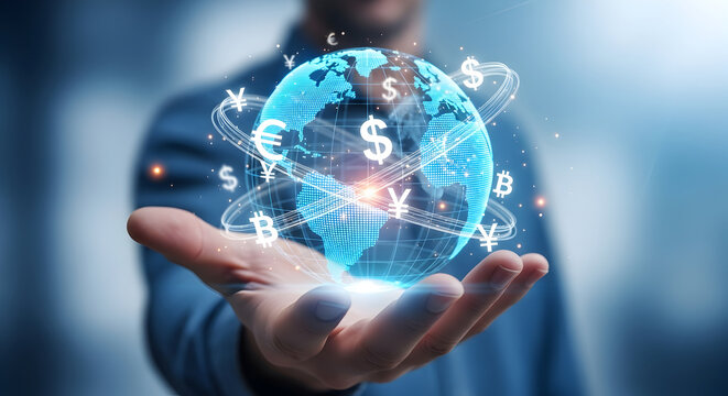 A human hand cradles a glowing digital globe surrounded by international currency symbols, representing global finance and technological connectivity.