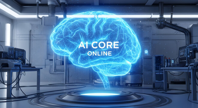 A luminous holographic AI brain with 'AI CORE ONLINE' text dominates a futuristic data lab, symbolizing advanced intelligence. - Powered by Adobe