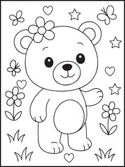 Adorable Bear Coloring Page for Kids – Cute Bear with Flowers and Butterflies
