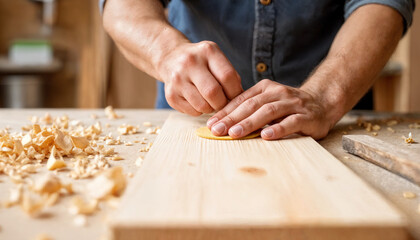 Man working with wood and making markings on a board in workshop  