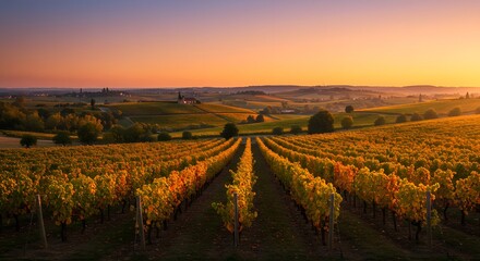 Vineyard Sunset: Rows of grapevines bathed in the golden light of a stunning sunset, creating a picturesque autumnal landscape.