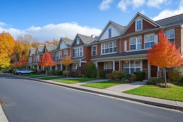 Row of suburban townhouses in vibrant autumn setting with colorful trees lining the quiet street under a bright blue sky in residential area