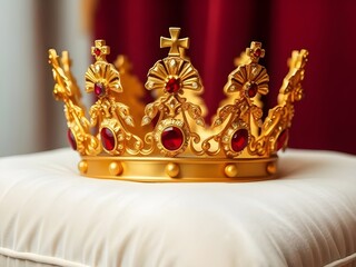 A golden crown, adorned with jewels, resting on a velvet pillow, royal and luxurious style.