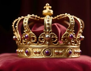 A golden crown, adorned with jewels, resting on a velvet pillow, royal and luxurious style.