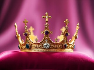 A golden crown, adorned with jewels, resting on a velvet pillow, royal and luxurious style.