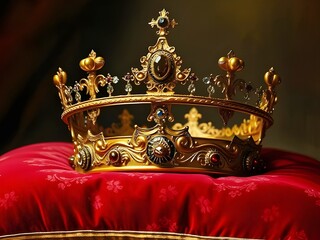 A golden crown, adorned with jewels, resting on a velvet pillow, royal and luxurious style.