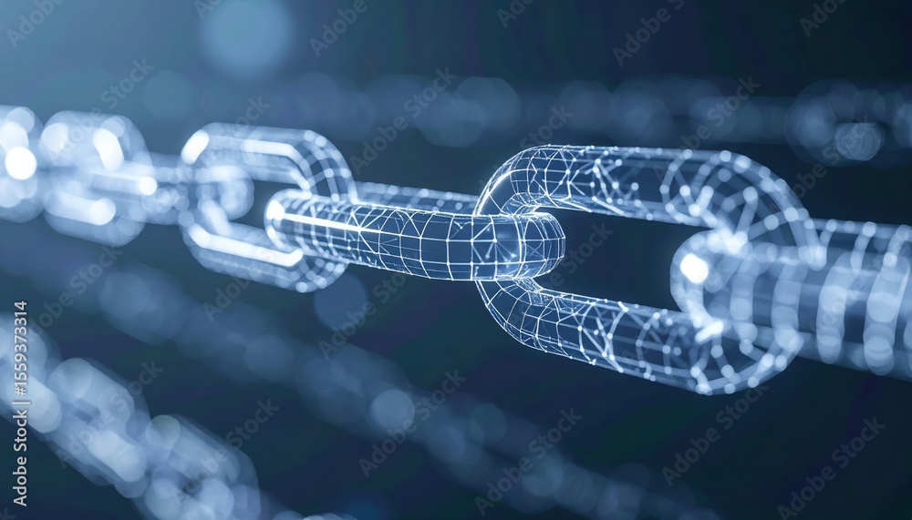 Poster highly detailed digital rende of a futuristic interconnected chain using wireframe technology with g