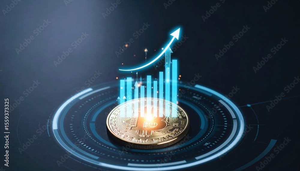 Poster digital cryptocurrency coin with glowing upward trending graph and data visualization elements symbo