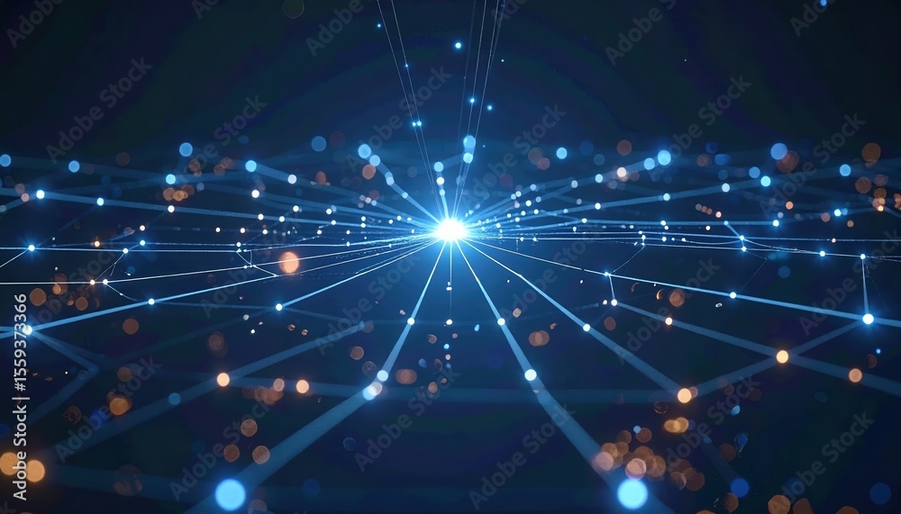 Poster abstract digital data network and connectivity visualization with bright light burst and interconnec