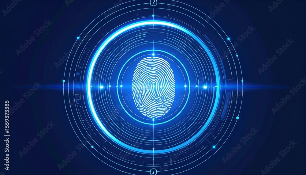 Poster high tech digital fingerprint scanner with circular interface and futuristic blue cybersecurity them