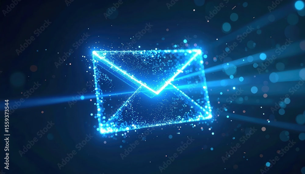 Poster glowing digital envelope icon representing secure online email communication with bright particles a
