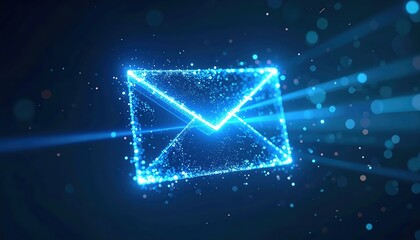 Glowing digital envelope icon representing secure online email communication with bright particles and dynamic motion in a futuristic technology style